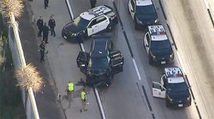 LAPD received a call from someone who reported a possible stolen car at 23rd and Figueroa. LAPD chased the stolen hearse which crashed on the 110 and Vernon. (Photo courtesy ABC7)